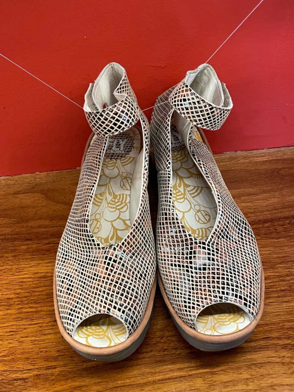 Fly London Beige Snake Skin Pattern Peep-Toe Ankle Strap Sandals